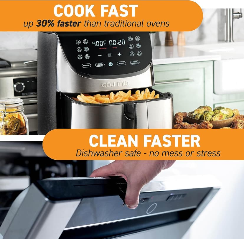 Gourmia Air Fryer Oven Digital Display 8 Quart Large AirFryer Cooker 12 Touch Cooking Presets, XL Air Fryer Basket 1700w Power Multifunction GAF856 Black and Stainless stainless steel air fryer