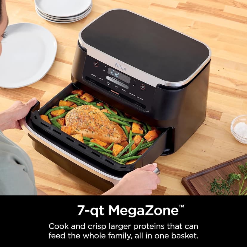 Ninja DZ071 Foodi 6-in-1 DualZone FlexBasket Air Fryer with 7-QT MegaZone & Basket Divider, Large Proteins & Full Meals, Smart Finish Cook 2 Foods 2 Ways, Large Capacity, Air Fry, Bake & More, Black (Renewed)